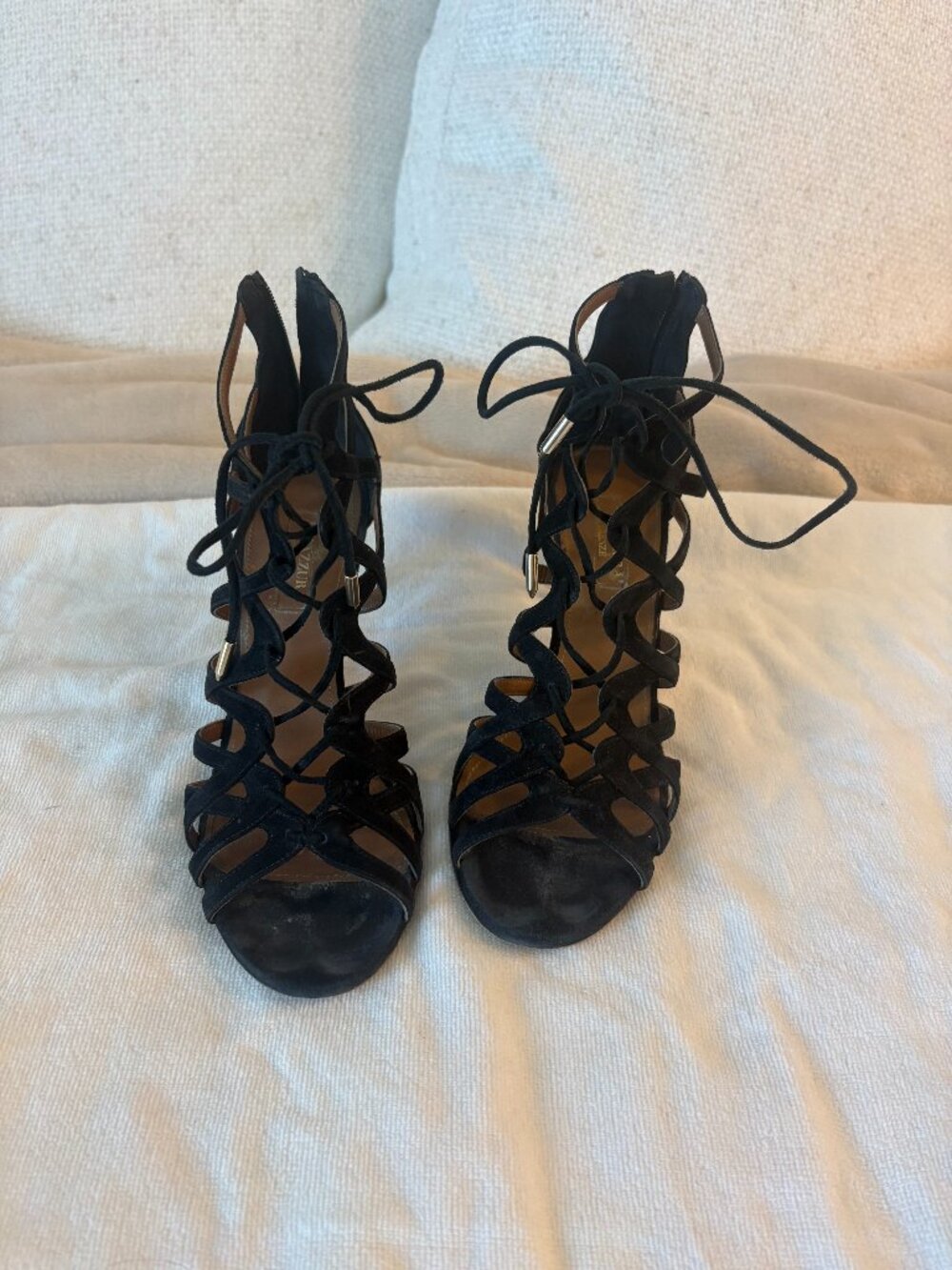 Aquazzura Ooh Lala Black Suede Lace-Up Sandals 36